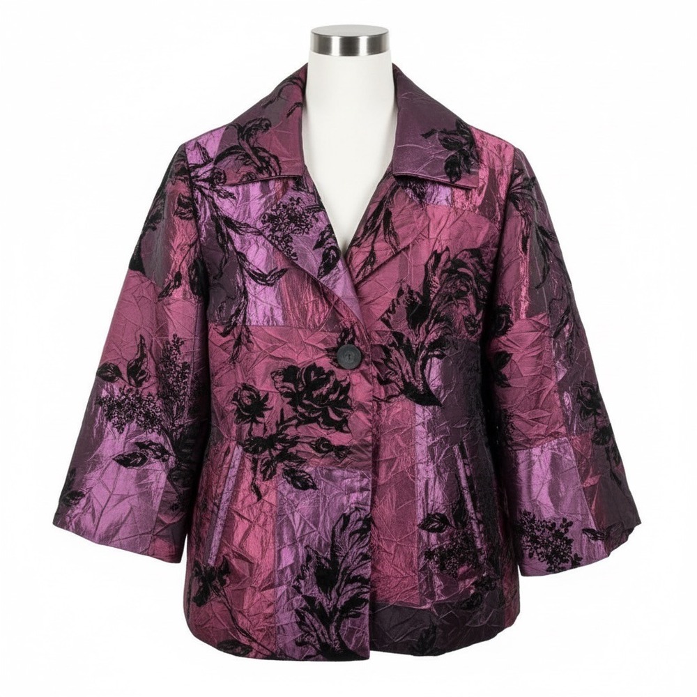 Susan Graver Jacket‎ Fuchsia Purple Black Velvet Floral Crinkle M Bolero Cropped